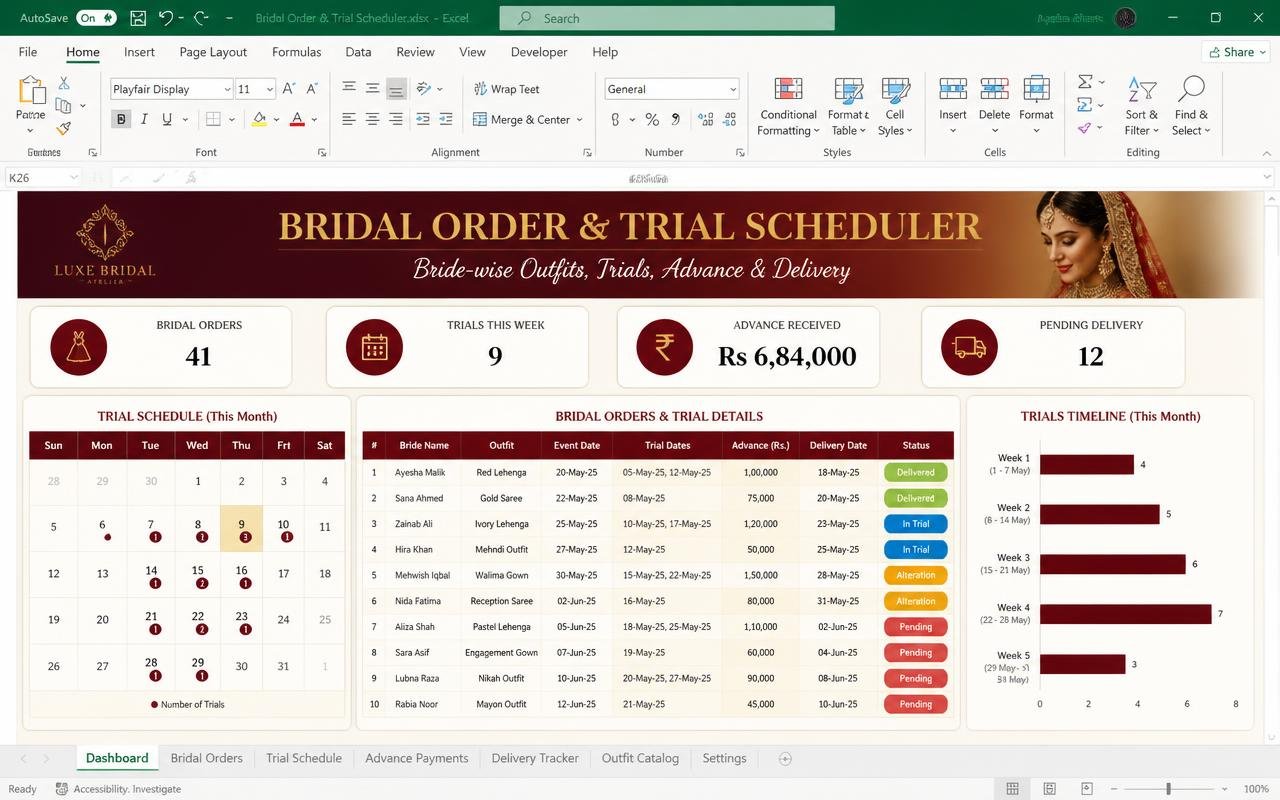 Bridal Order & Trial Scheduler — Excel dashboard preview