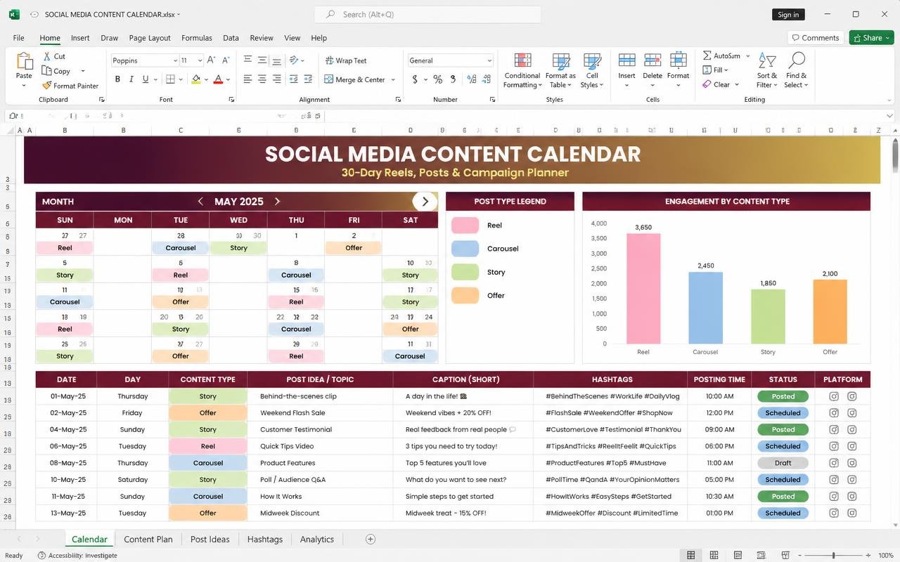 Social Media Content Calendar — Excel dashboard preview