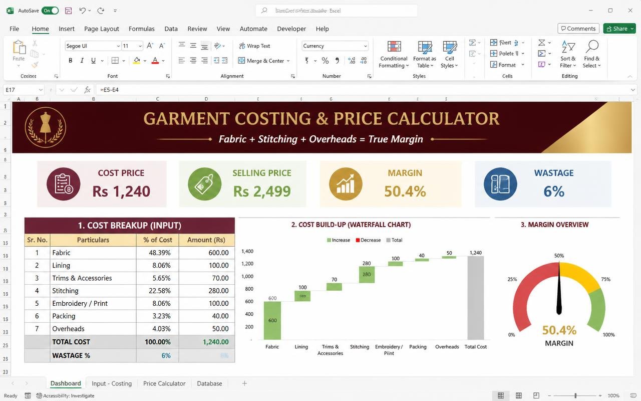 Garment Costing & Price Calculator — Excel dashboard preview