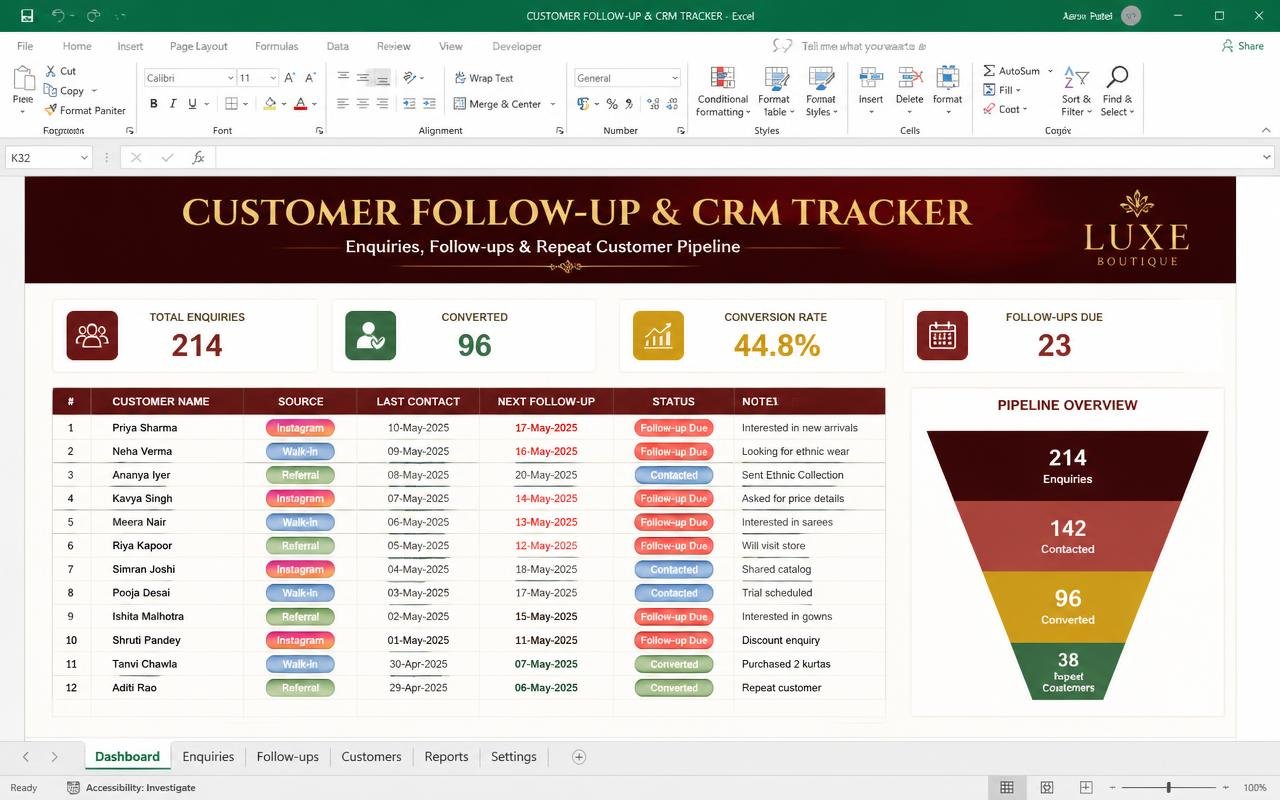 Customer Follow-up & CRM Tracker — Excel dashboard preview