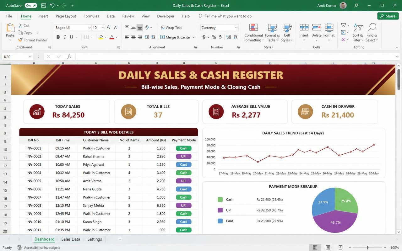 Daily Sales & Cash Register — Excel dashboard preview