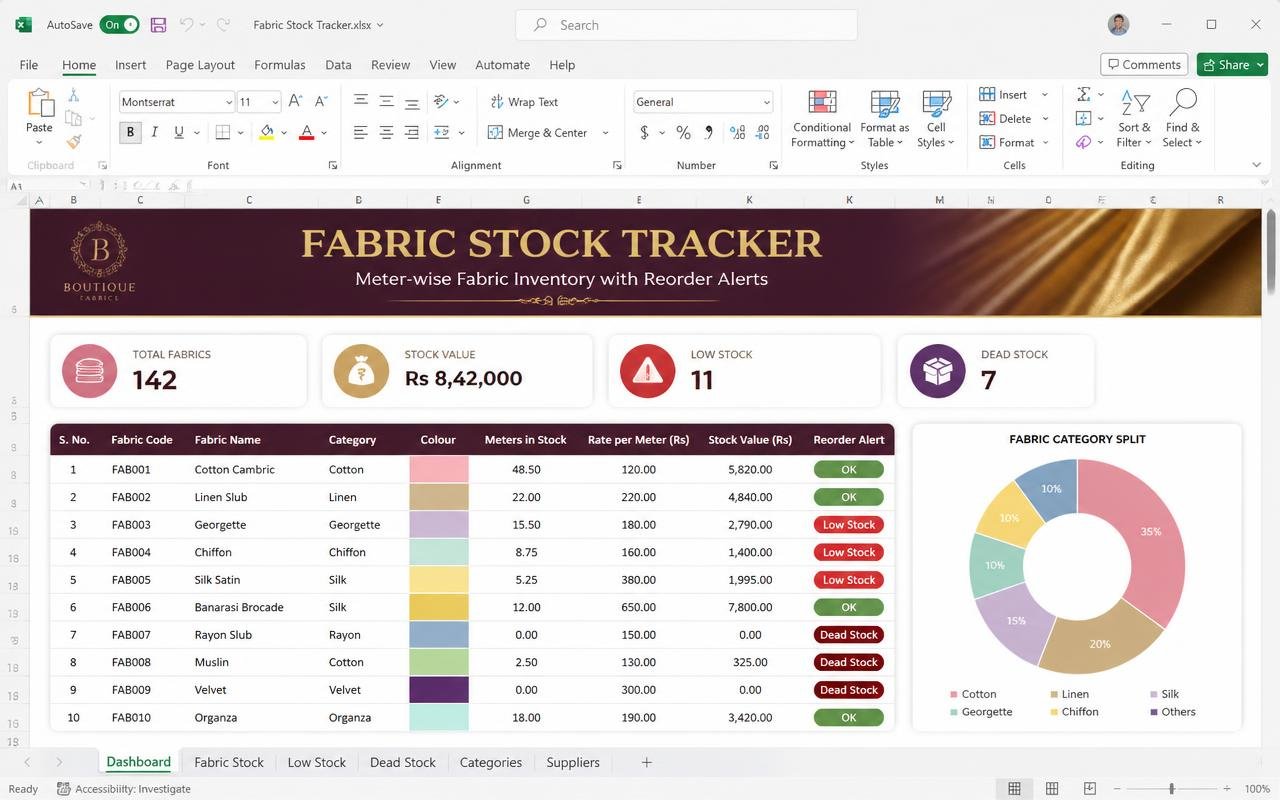 Fabric Stock Tracker — Excel dashboard preview
