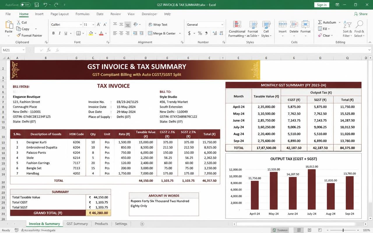 GST Invoice & Tax Summary — Excel dashboard preview