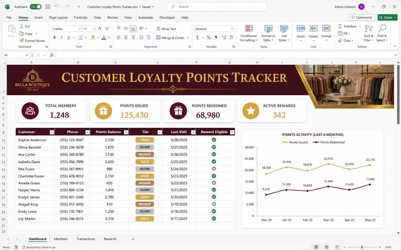 Customer Loyalty Points Tracker — Excel dashboard preview