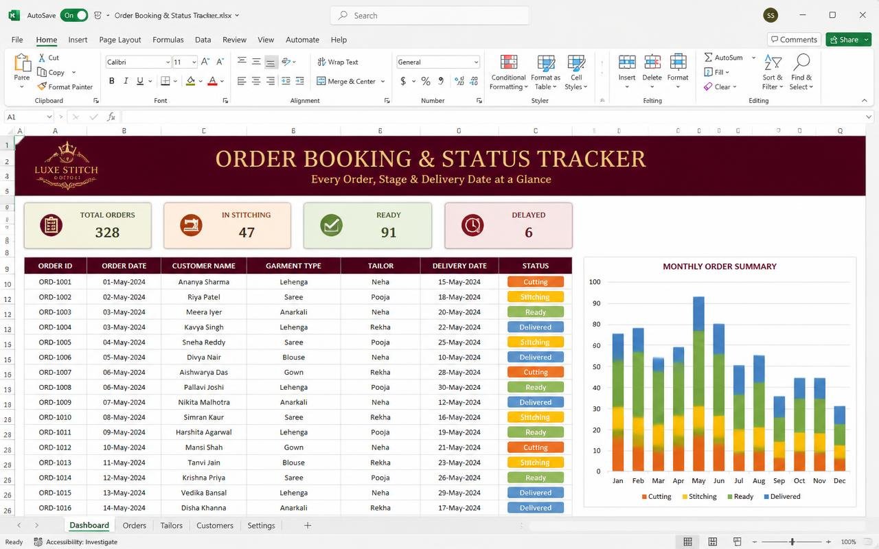 Order Booking & Status Tracker — Excel dashboard preview
