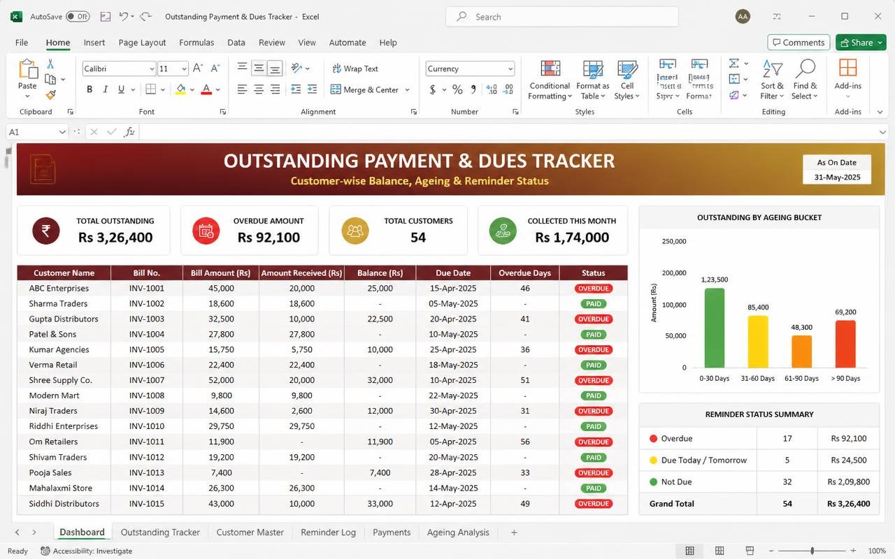Outstanding Payment & Dues Tracker — Excel dashboard preview
