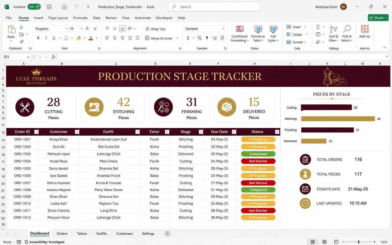 Production Stage Tracker — Excel dashboard preview