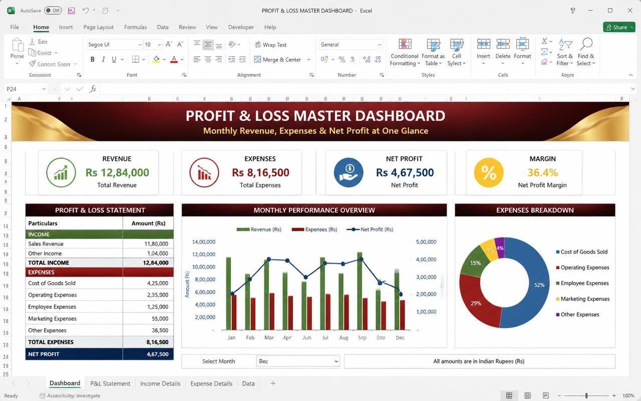 Profit & Loss Master Dashboard — Excel dashboard preview
