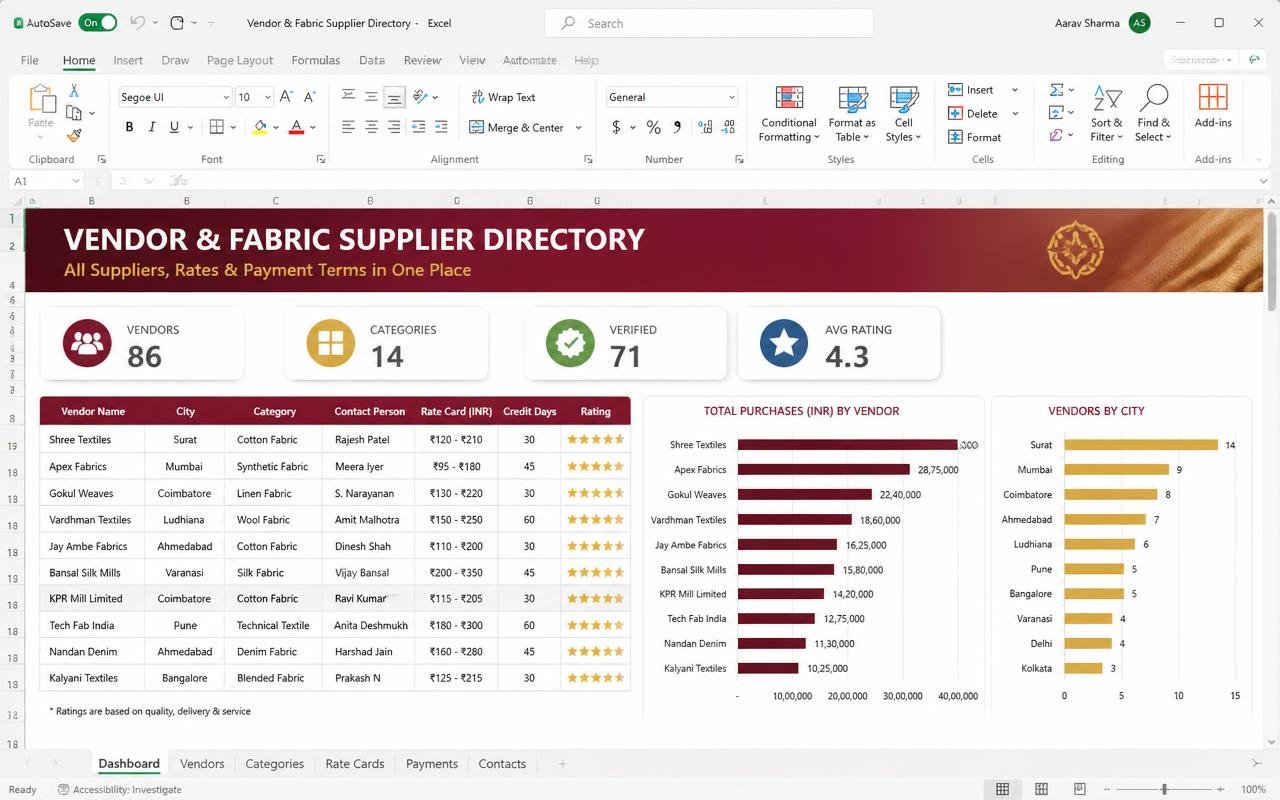 Vendor & Fabric Supplier Directory — Excel dashboard preview
